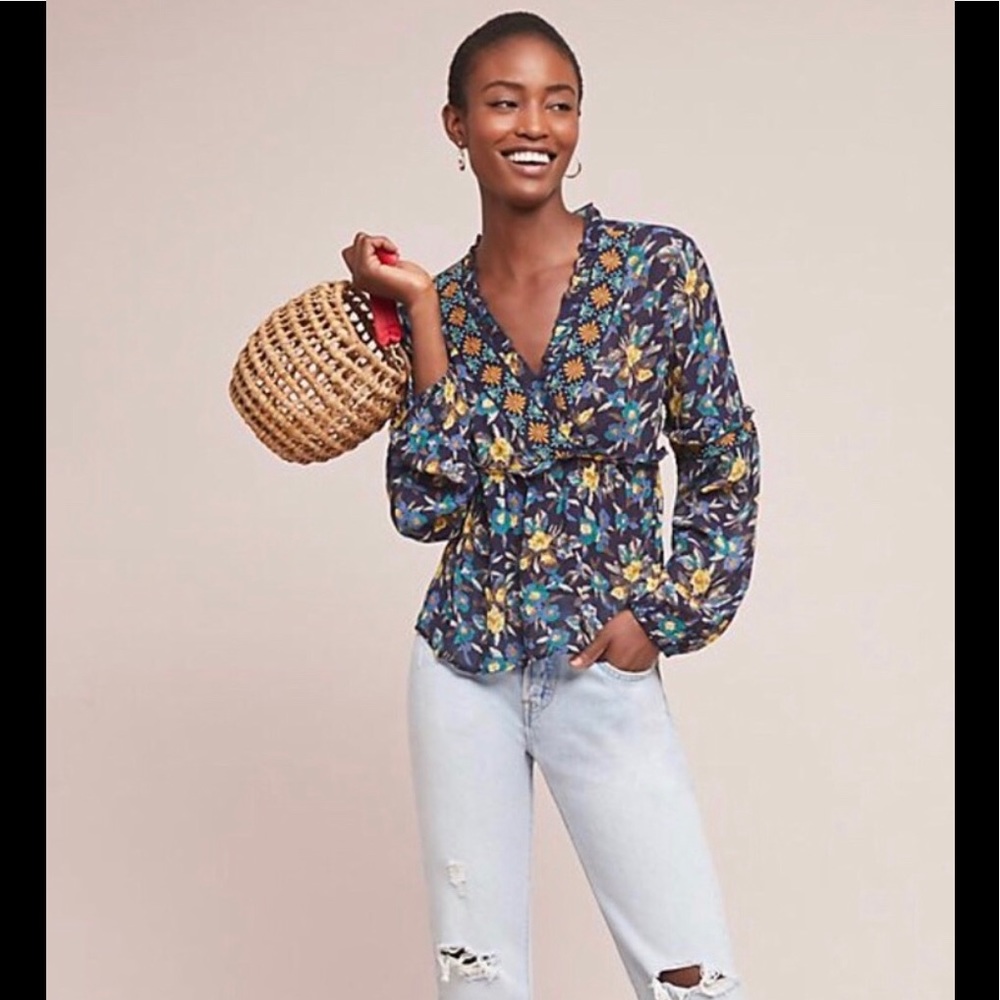 Anthropologie Strasser Embroidered Peasant Blouse